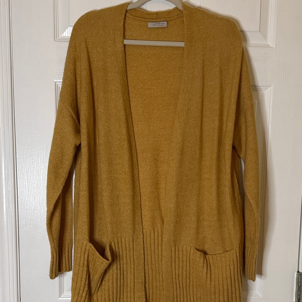 Active USA Mustard Tan Open Front Cardigan with Pockets